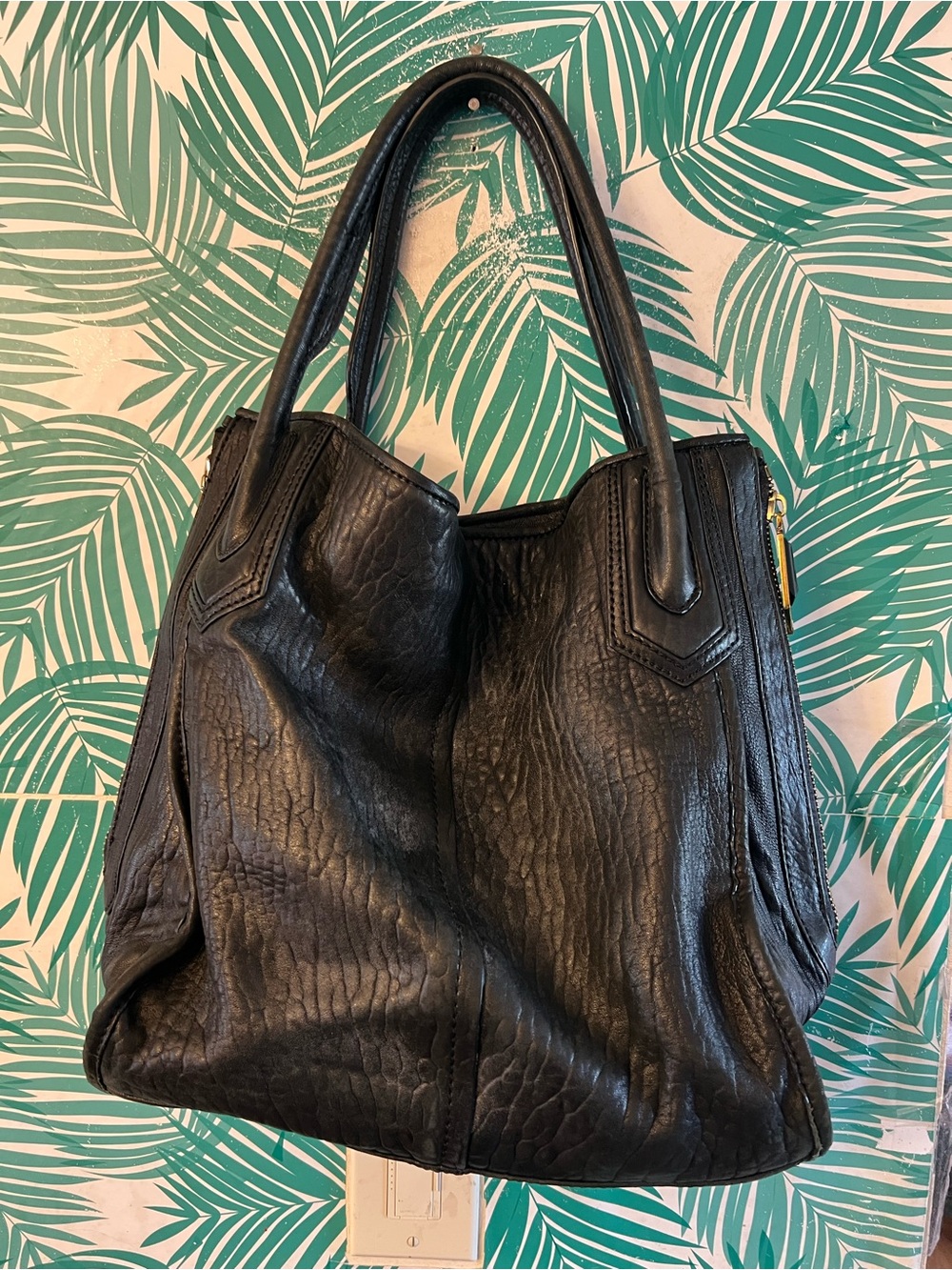 OrYANY black leather tote bag heavily pebbled stretched top handles zipper sides